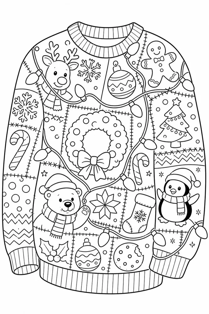Ugly Christmas Sweater Holiday Lights Tangled Sweater printable coloring page