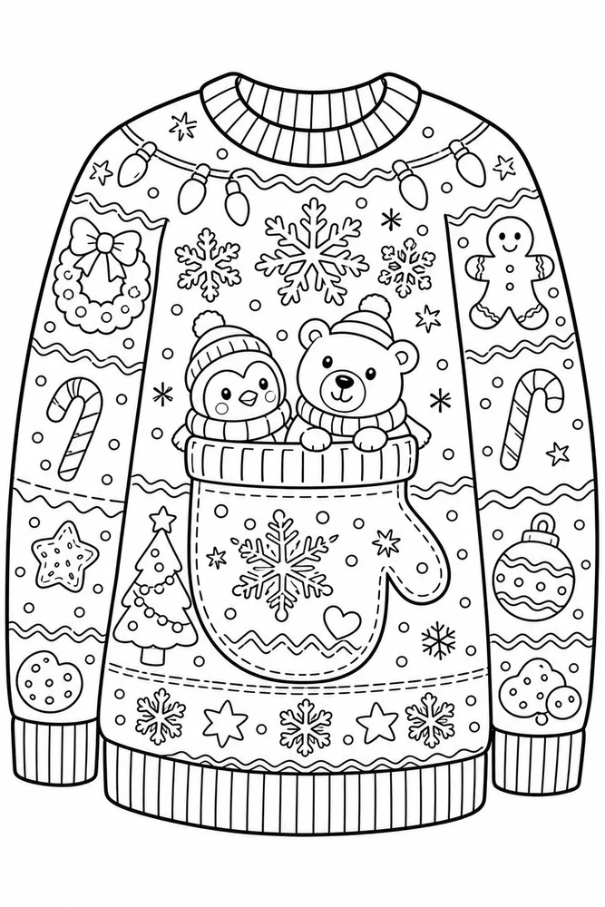 Ugly Christmas Sweater Mitten Pocket Sweater printable coloring page
