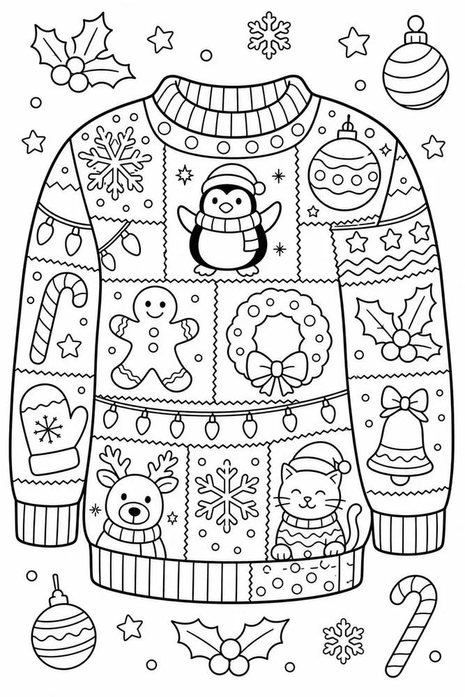 Ugly Christmas Sweater Patchwork Holiday Sweater Pattern printable coloring page