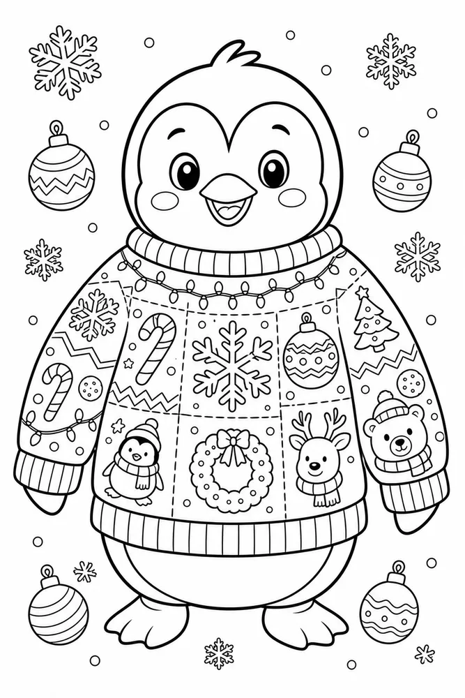 Ugly Christmas Sweater Penguin Holiday Sweater printable coloring page