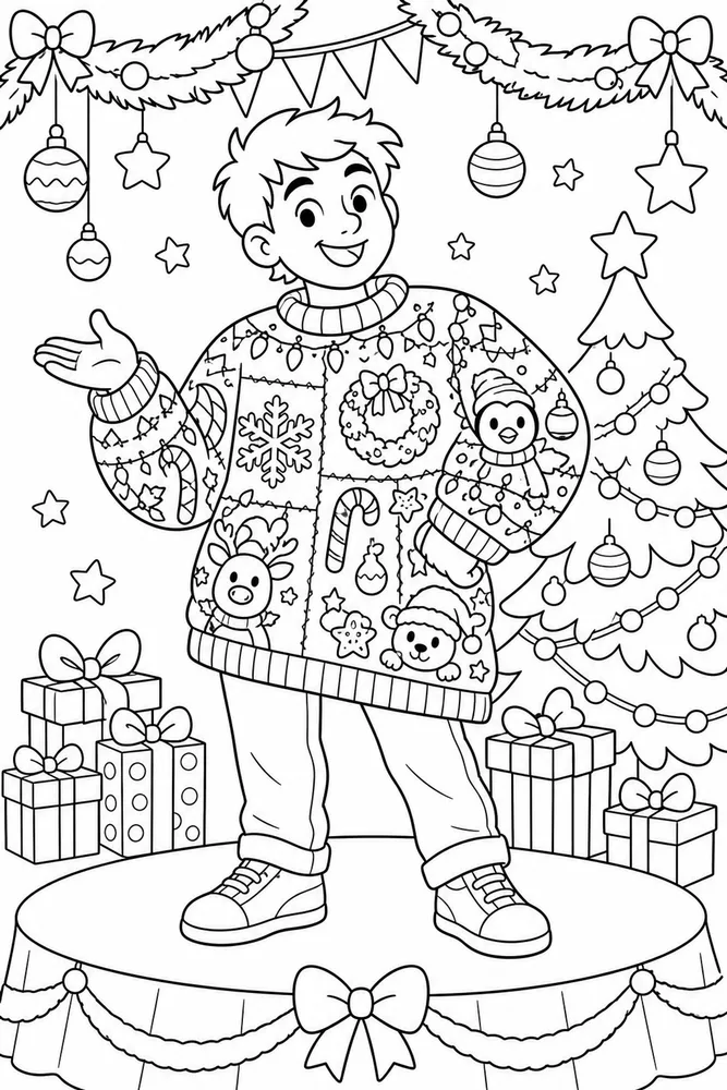 Ugly Christmas Sweater Ugly Sweater Contest Scene printable coloring page