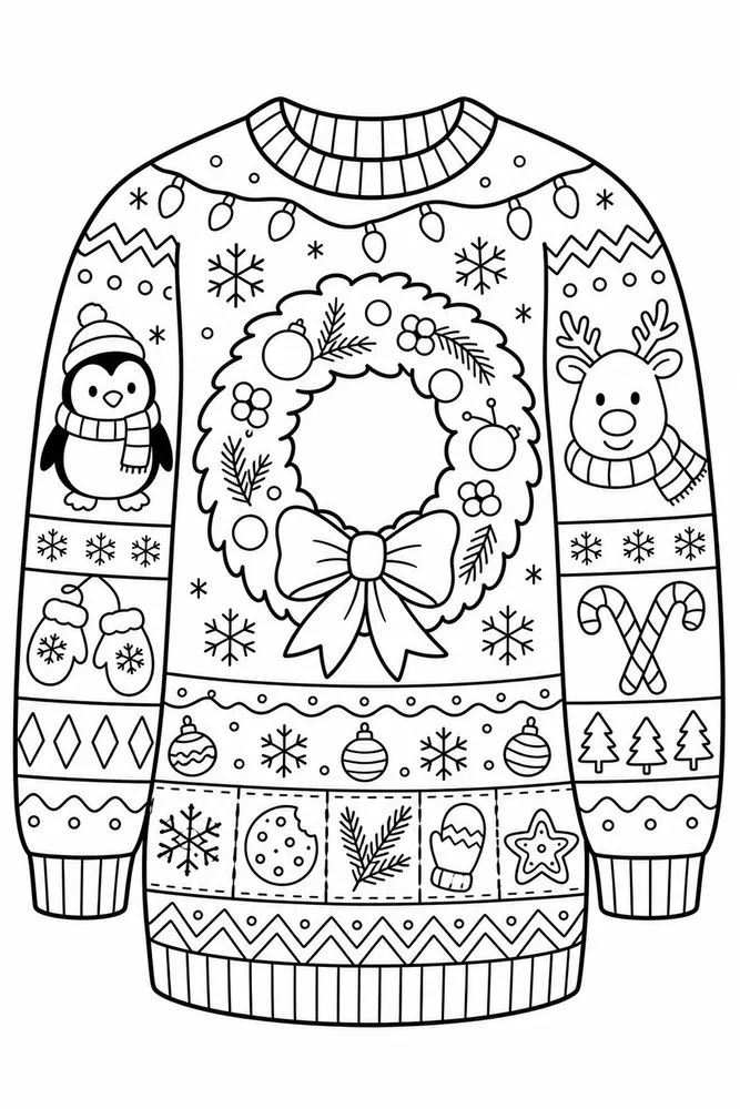 Ugly Christmas Sweater Wreath Centerpiece Sweater printable coloring page