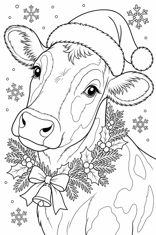 Christmas Cow Christmas cow close up detail coloring page
