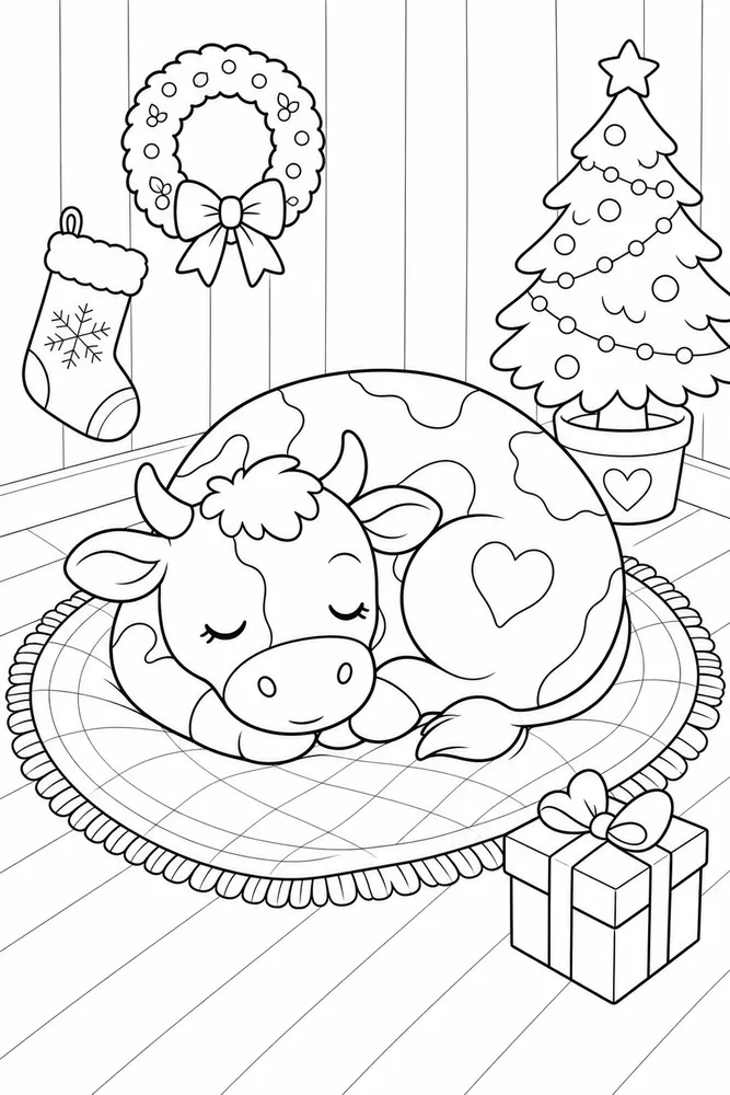 Christmas Cow Christmas cow cozy indoor moment coloring page