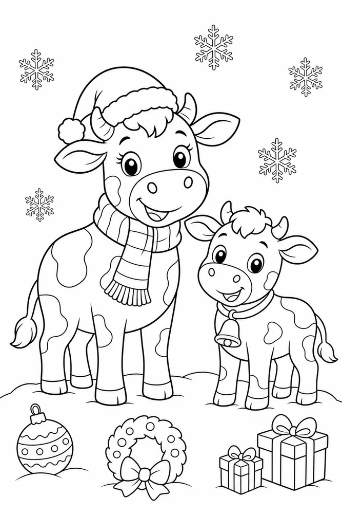 Christmas Cow Christmas cow family scene coloring page