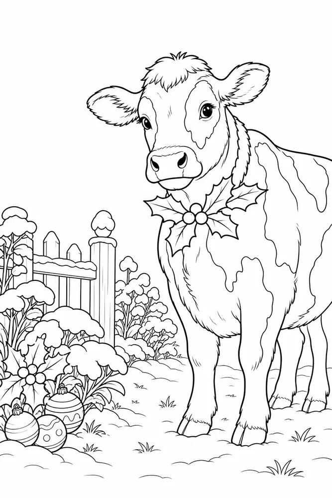 Christmas Cow Christmas cow garden setting coloring page