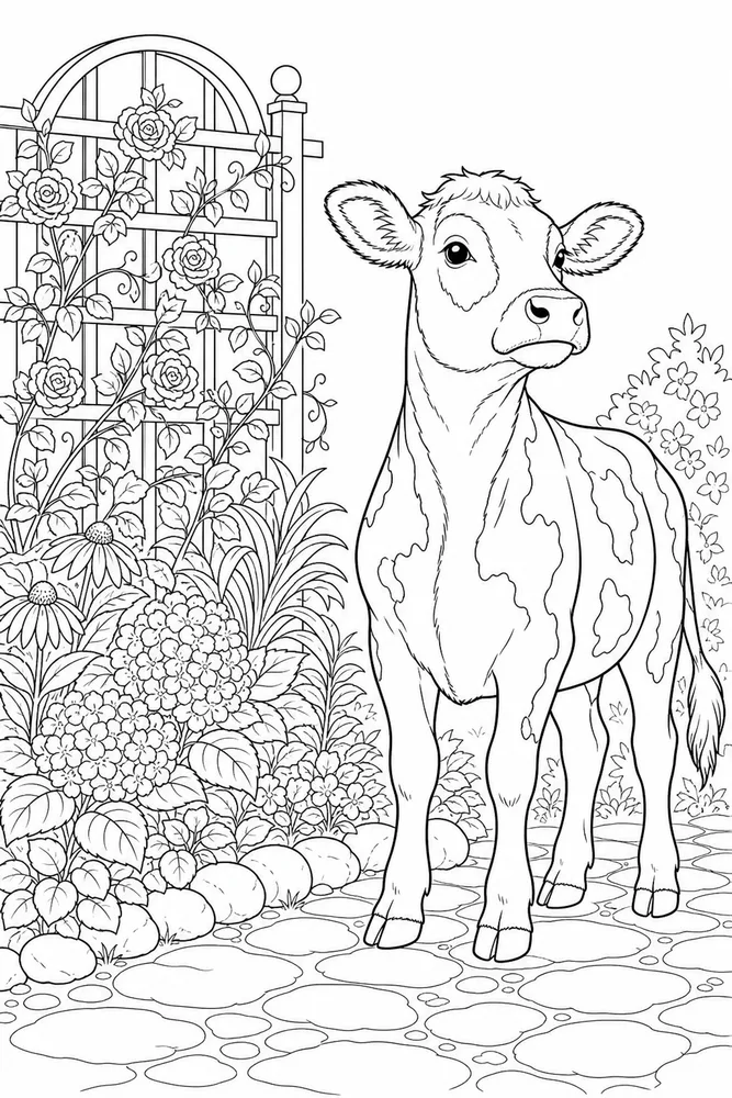 Cow for Adults Cow for adults garden setting coloring page