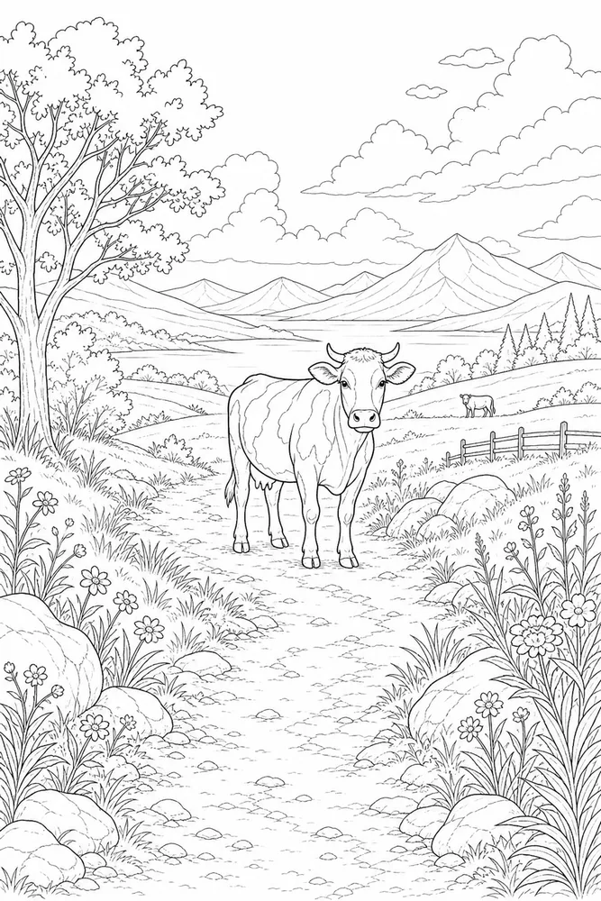 Cow for Adults Cow for adults outdoor path coloring page