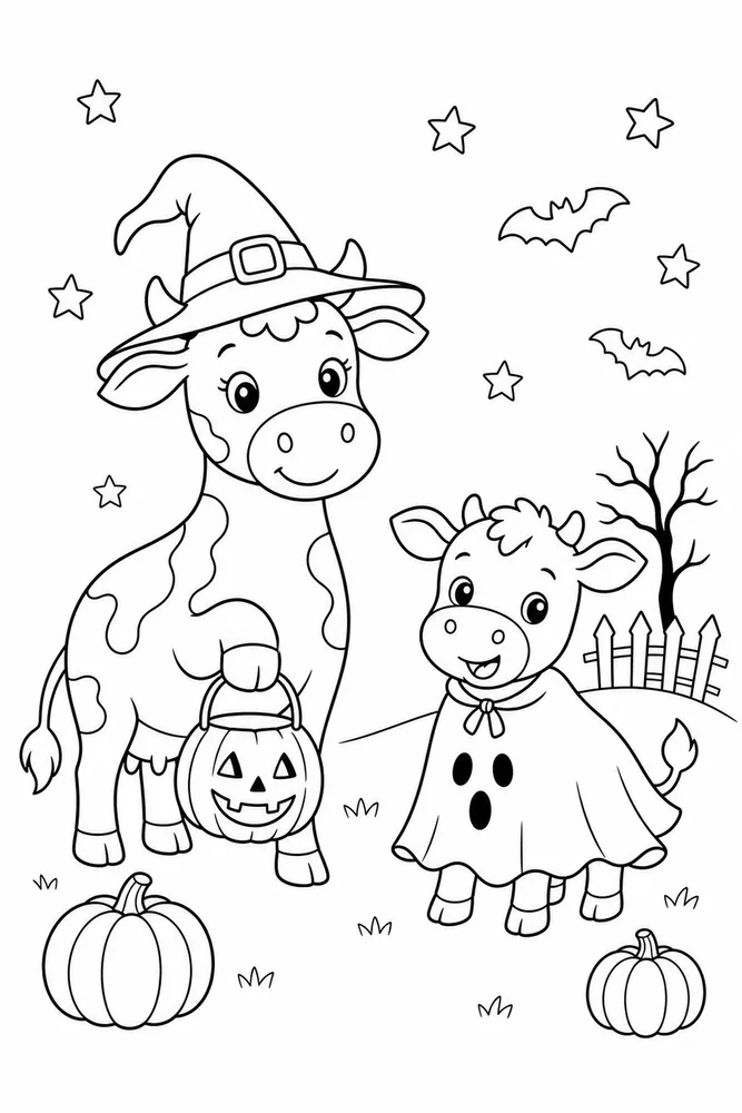 Halloween Cow Halloween cow family scene coloring page