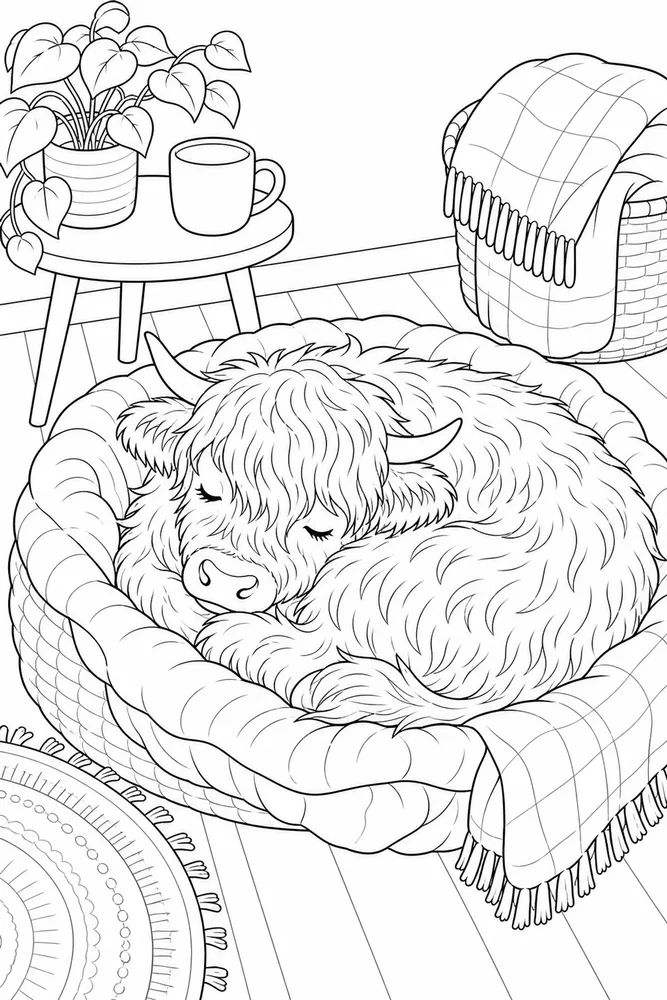 Highland Cow Highland cow cozy indoor moment coloring page