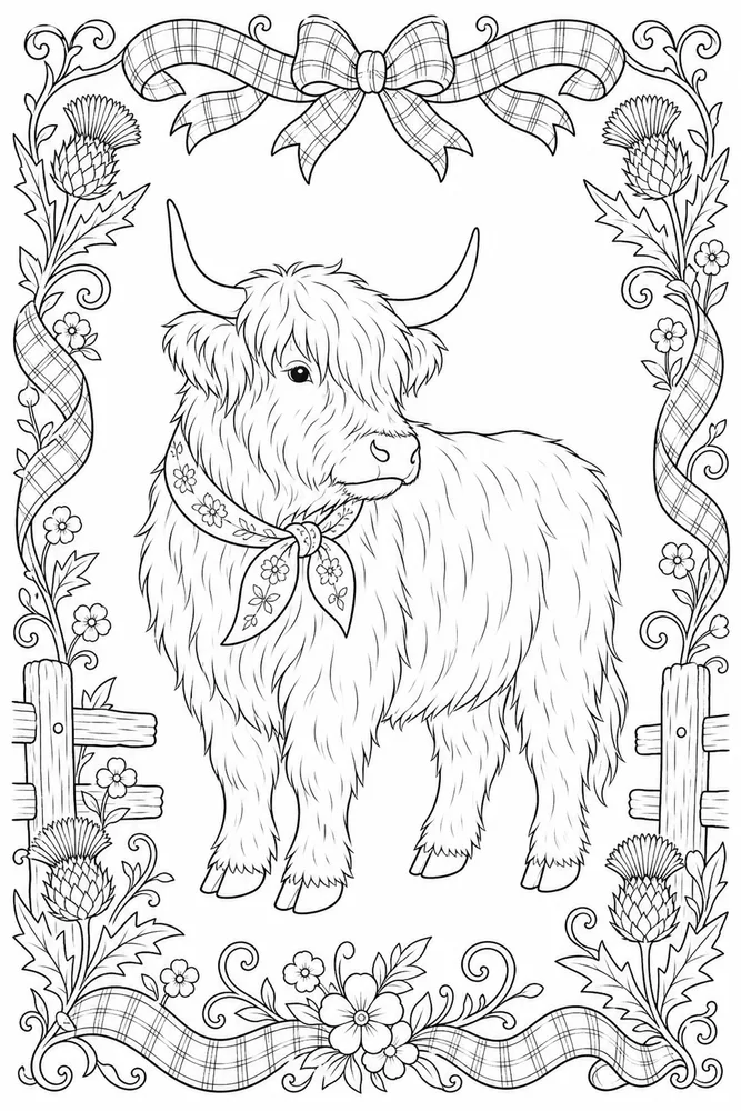 Highland Cow Highland cow decorative border coloring page