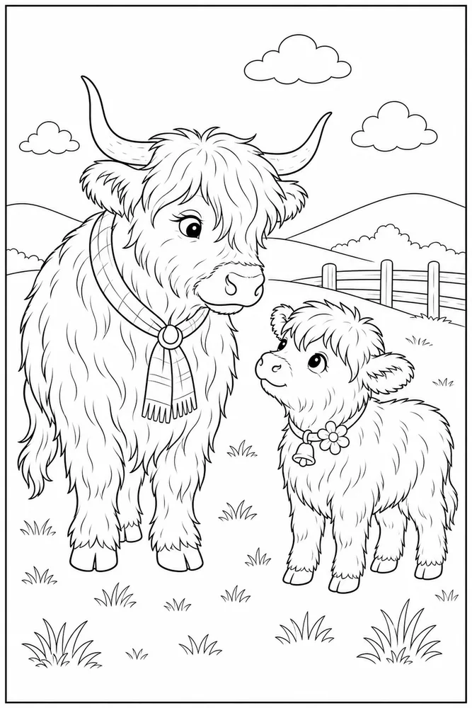 Highland Cow Highland cow family scene coloring page
