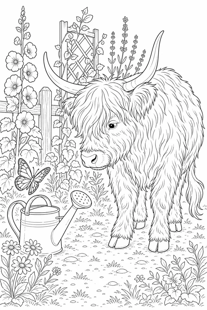 Highland Cow Highland cow garden setting coloring page