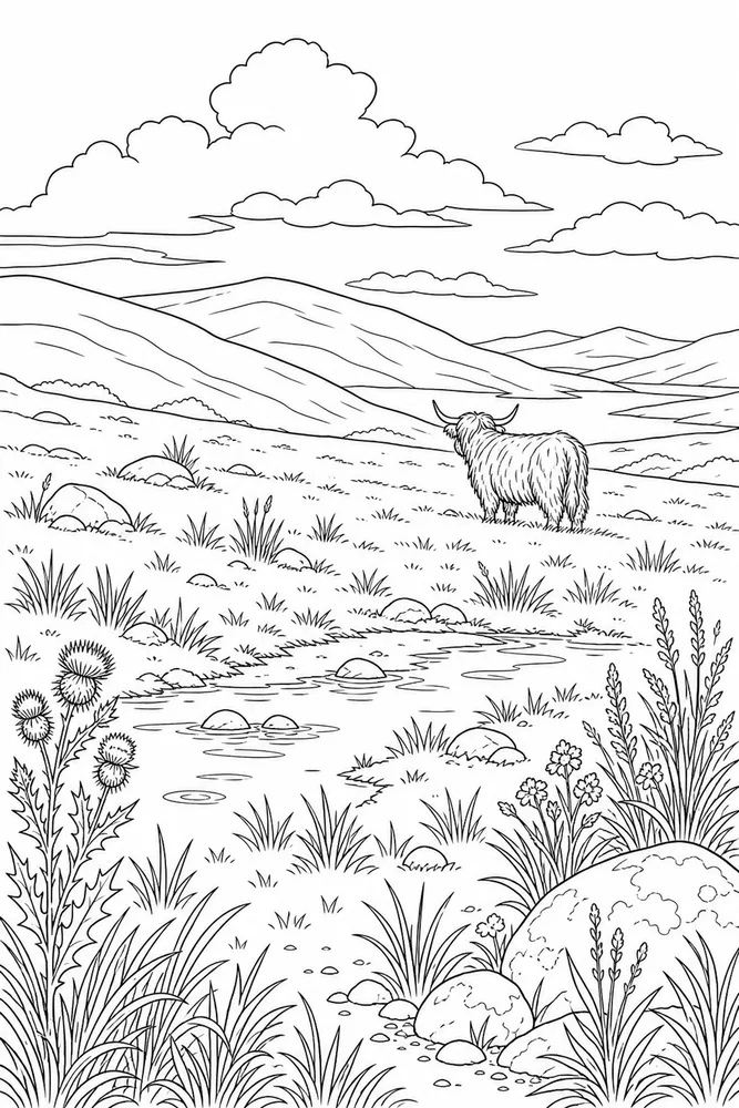 Highland Cow Highland cow habitat background coloring page