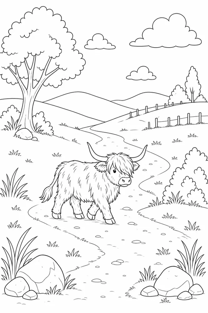 Highland Cow Highland cow outdoor path coloring page
