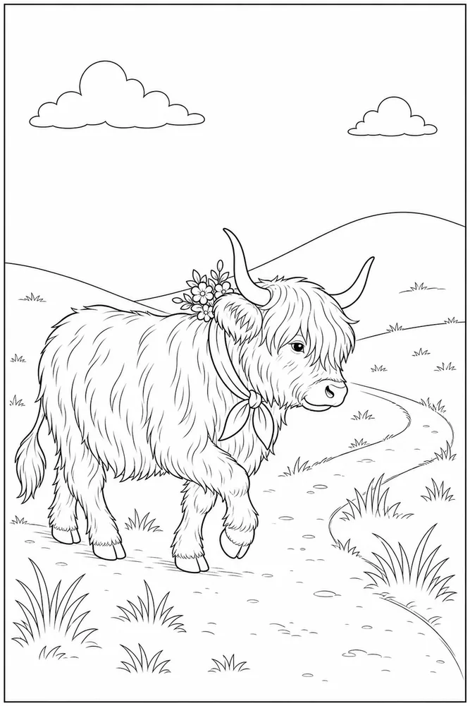 Highland Cow Highland cow simple scene coloring page