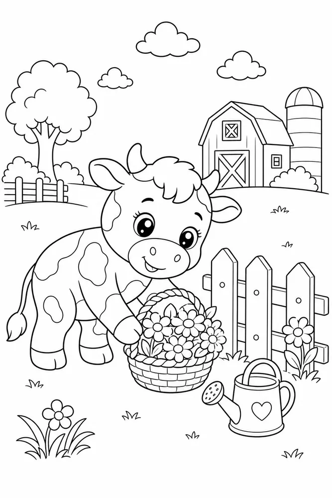 Kawaii Cow Kawaii cow activity scene coloring page