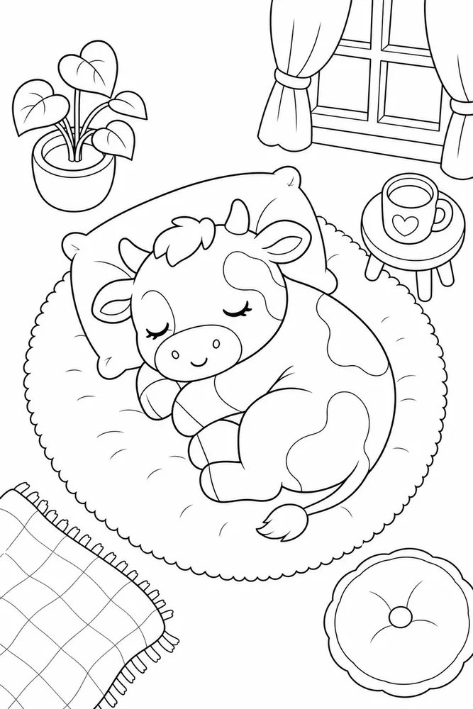 Kawaii Cow Kawaii cow cozy indoor moment coloring page