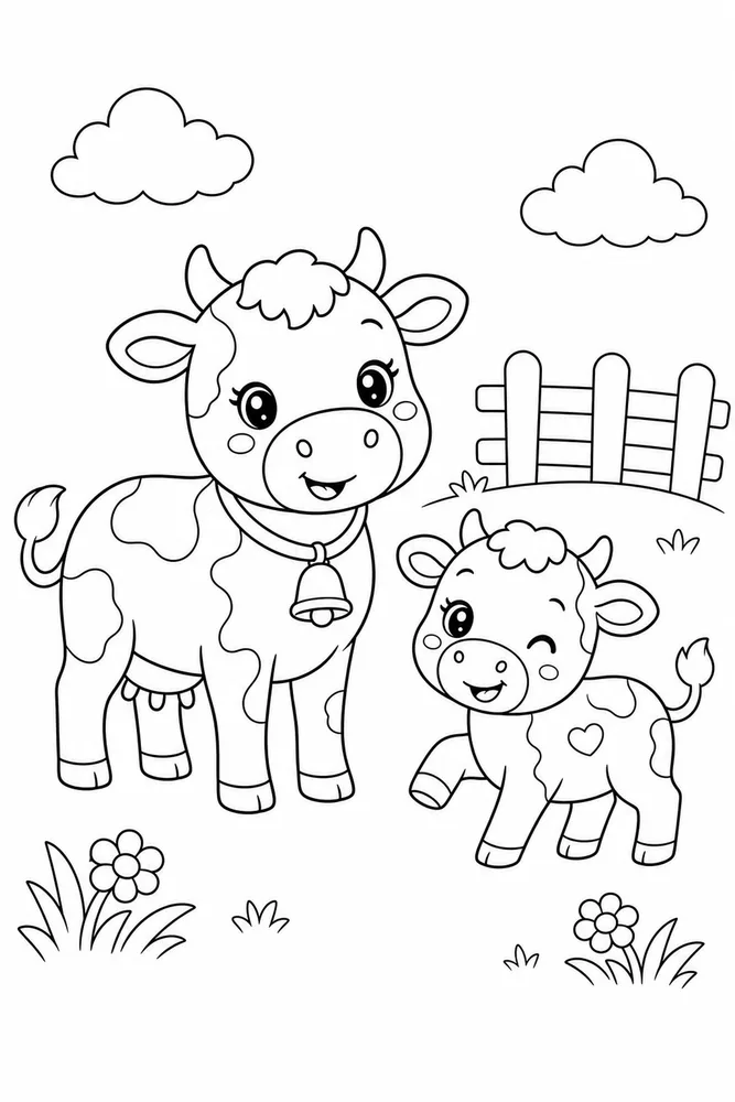Kawaii Cow Kawaii cow family scene coloring page