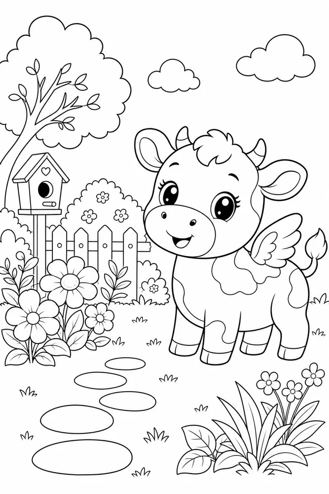 Kawaii Cow Kawaii cow garden setting coloring page