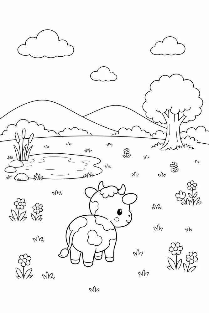 Kawaii Cow Kawaii cow habitat background coloring page