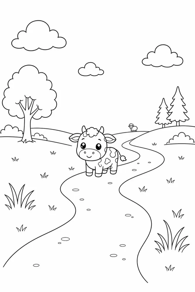 Kawaii Cow Kawaii cow outdoor path coloring page