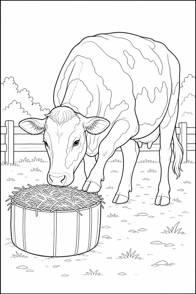 Realistic Cow Realistic cow activity scene coloring page