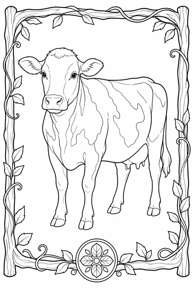 Realistic Cow Realistic cow decorative border coloring page