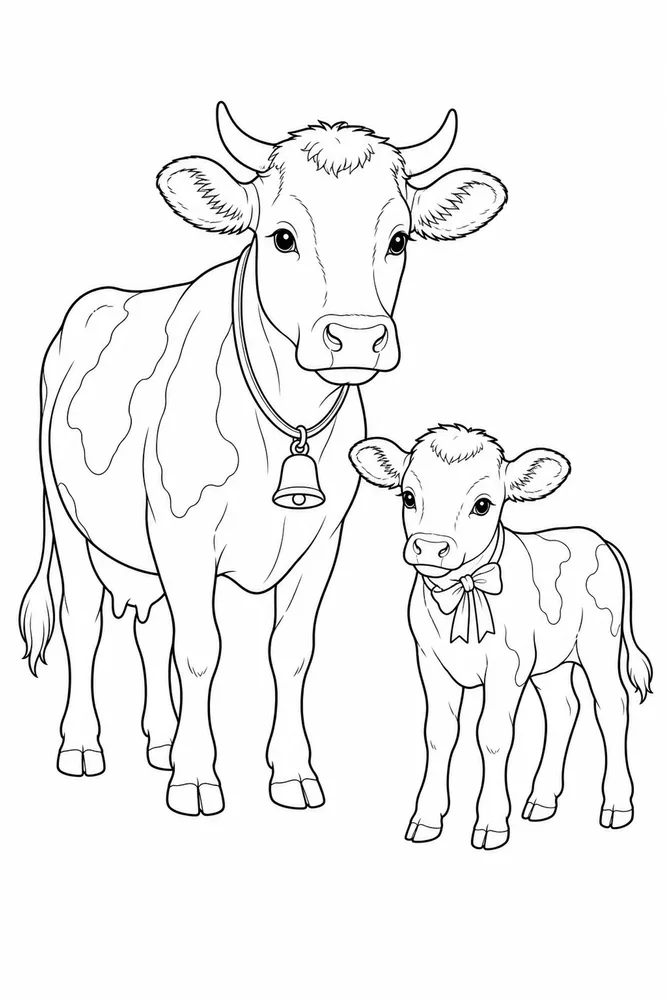 Realistic Cow Realistic cow family scene coloring page