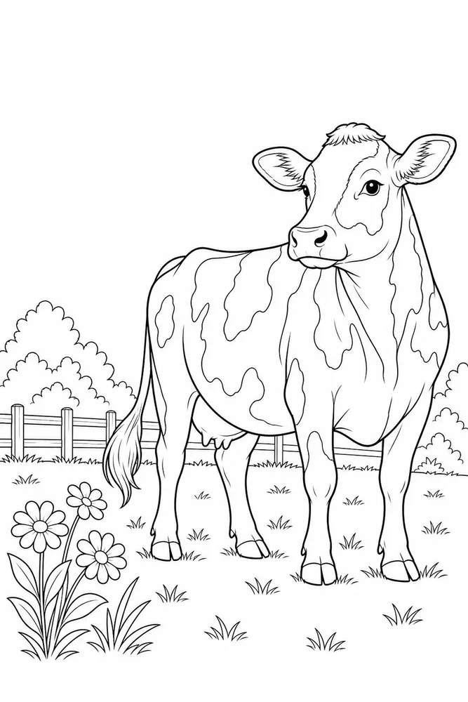 Realistic Cow Realistic cow garden setting coloring page