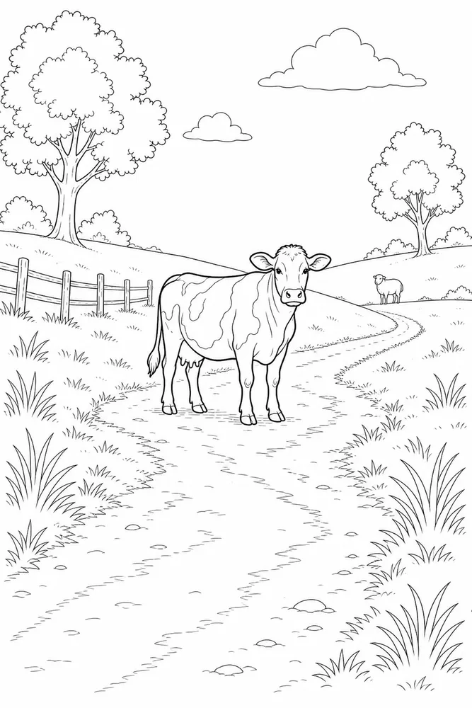 Realistic Cow Realistic cow outdoor path coloring page