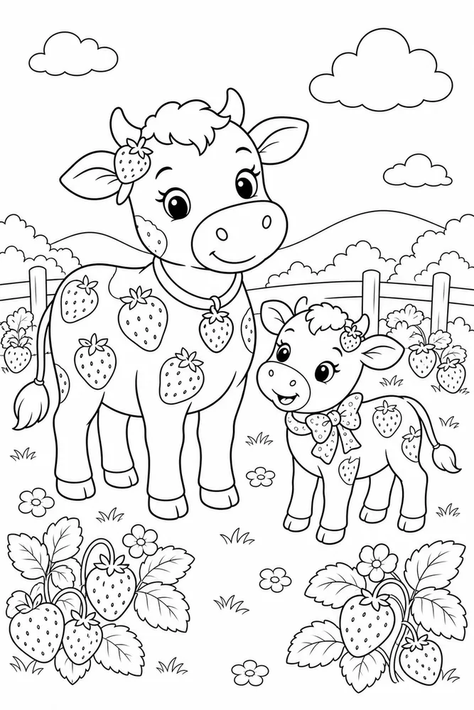 Strawberry Cow Strawberry cow family scene coloring page