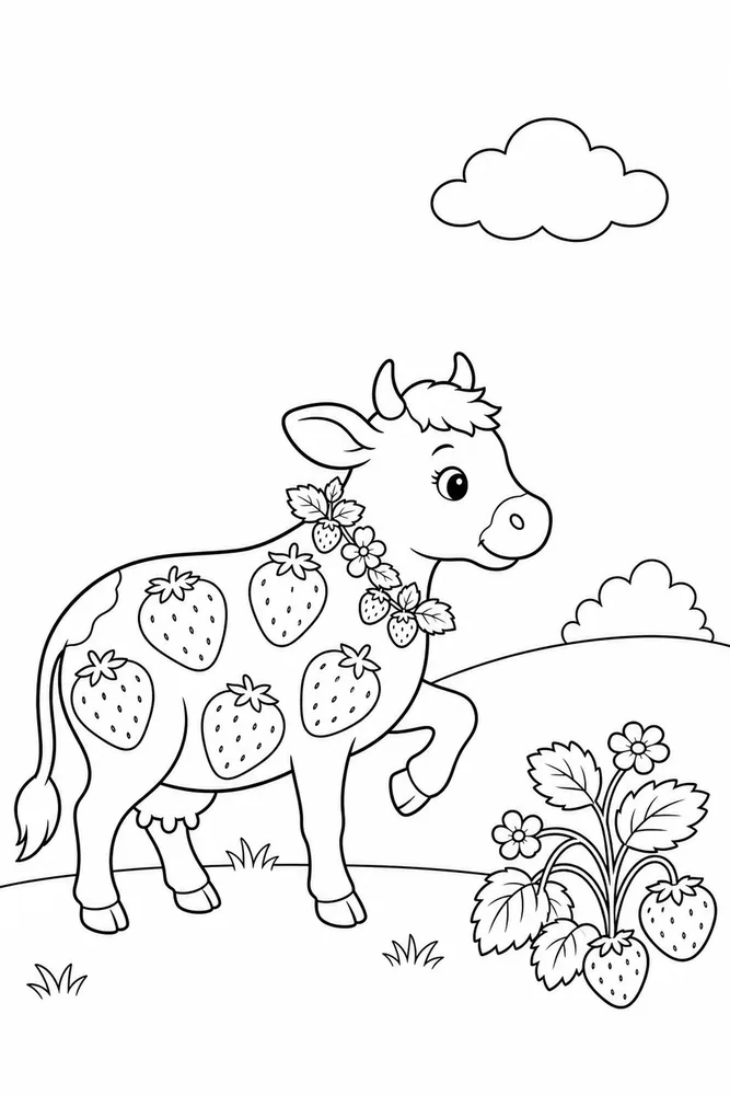 Strawberry Cow Strawberry cow simple scene coloring page