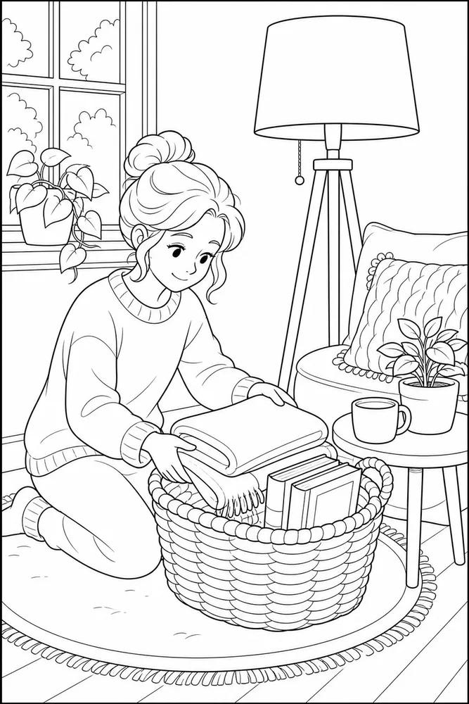 Cozy Corner Cozy corner activity scene coloring page