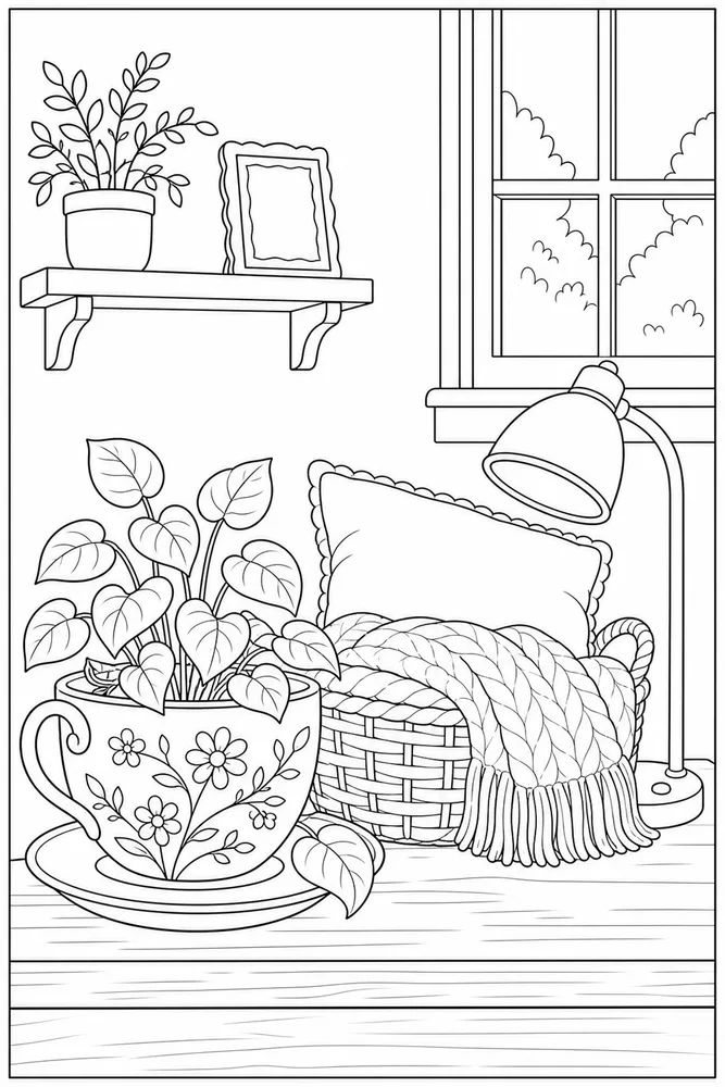 Cozy Corner Cozy corner simple scene coloring page