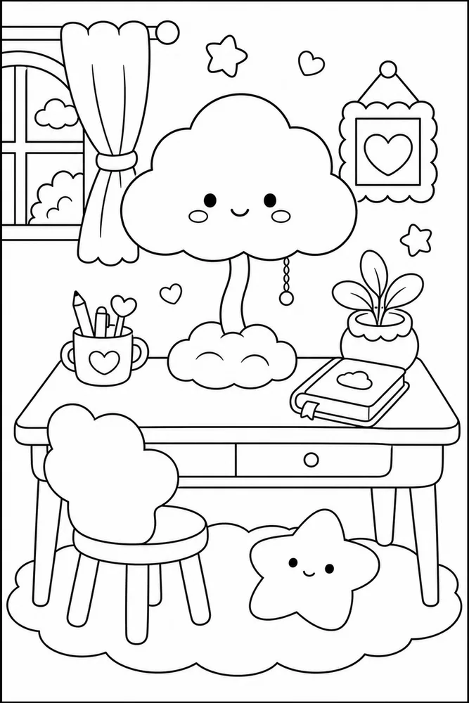 Cute Aesthetic Cloud Lamp Desk coloring page