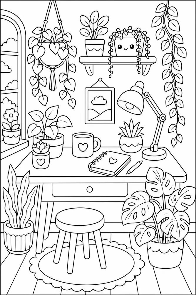 Cute Aesthetic Cozy Plant Desk coloring page