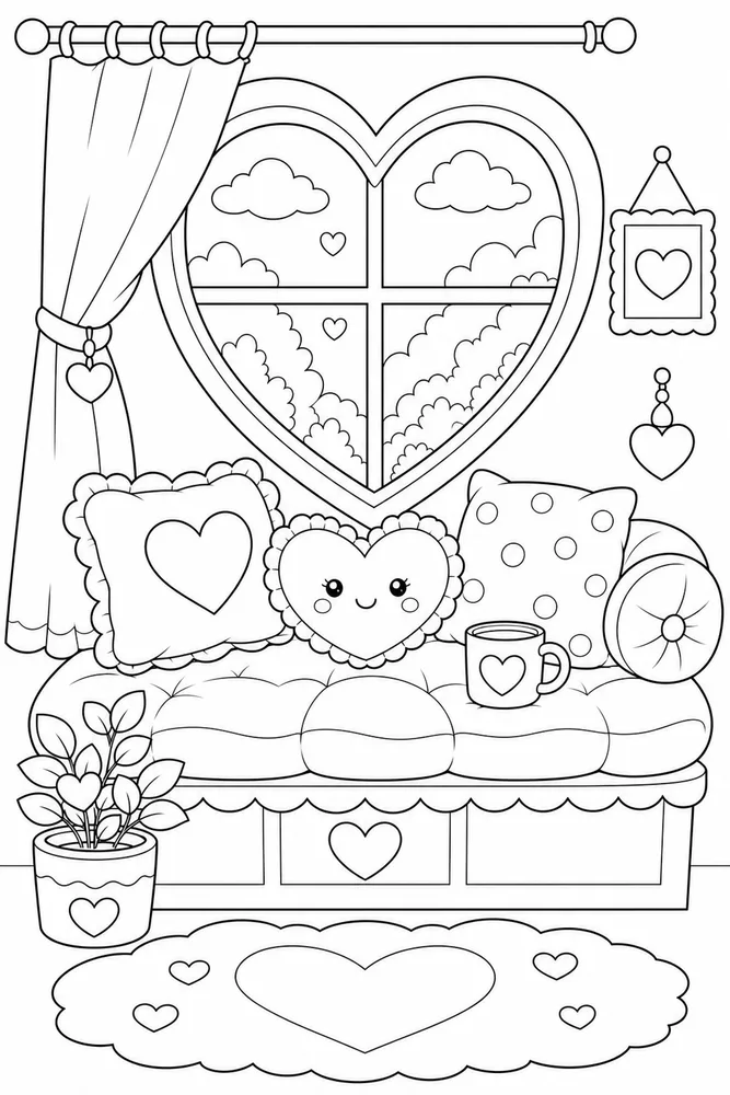 Cute Aesthetic Heart Window Seat coloring page