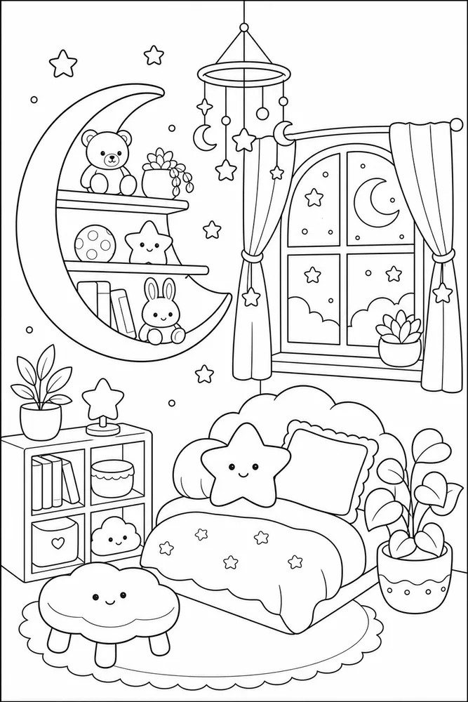 Cute Aesthetic Moon Shelf Room coloring page