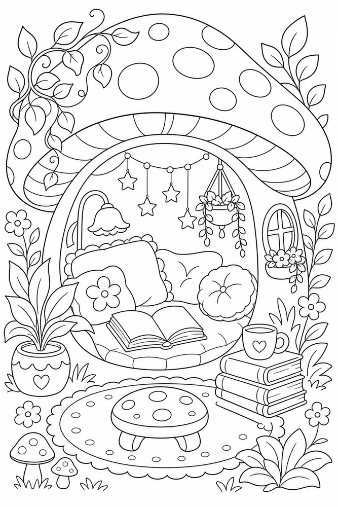 Cute Aesthetic Mushroom Reading Nook coloring page