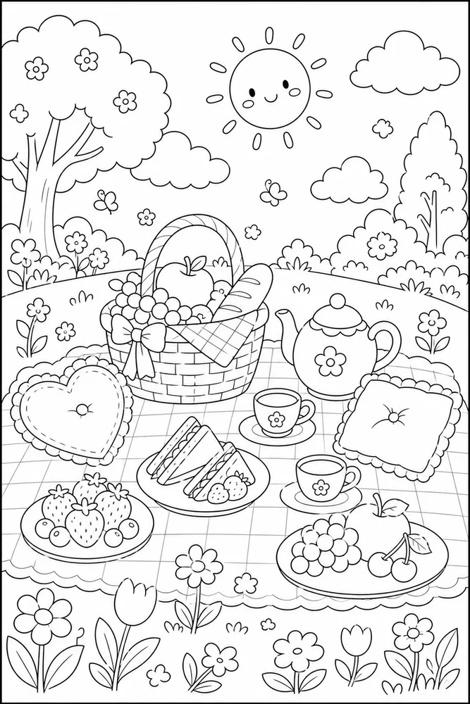 Cute Aesthetic Pastel Style Picnic Without Color coloring page