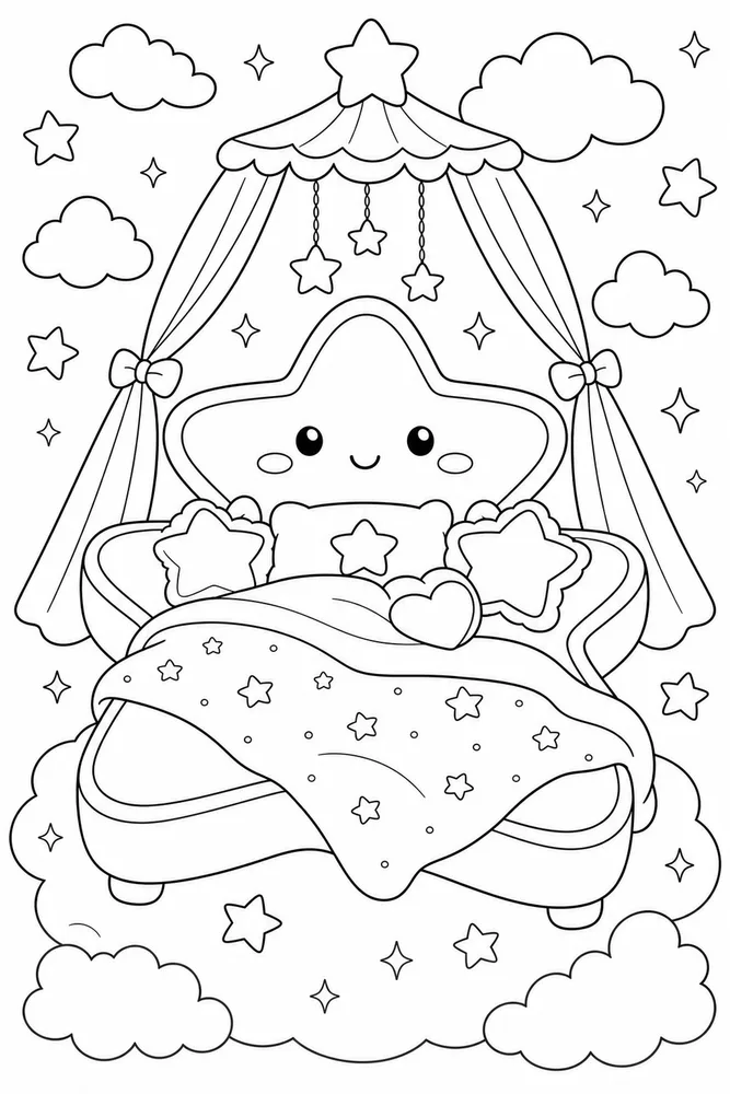 Cute Aesthetic Star Pillow Bed coloring page
