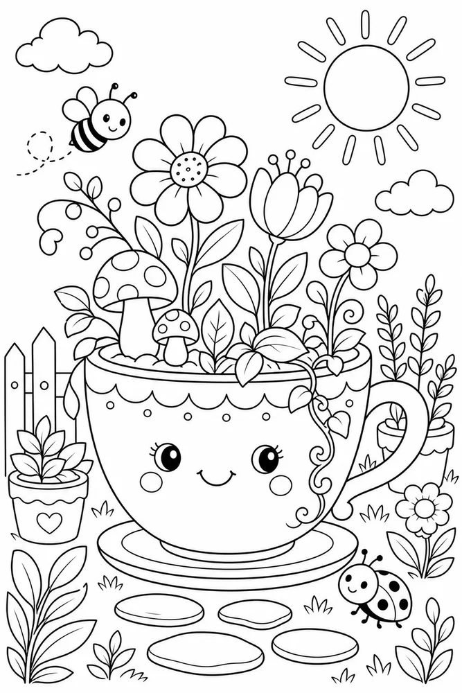 Cute Aesthetic Tea Cup Garden coloring page