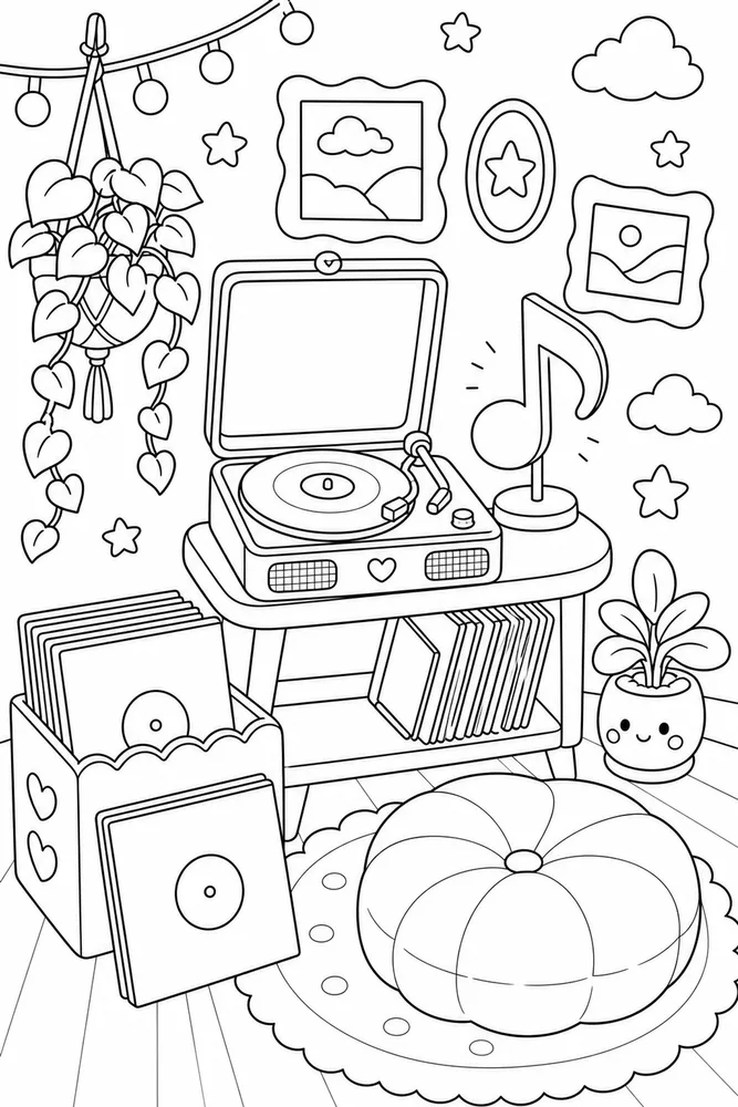 Cute Aesthetic Vinyl Music Corner Without Labels coloring page