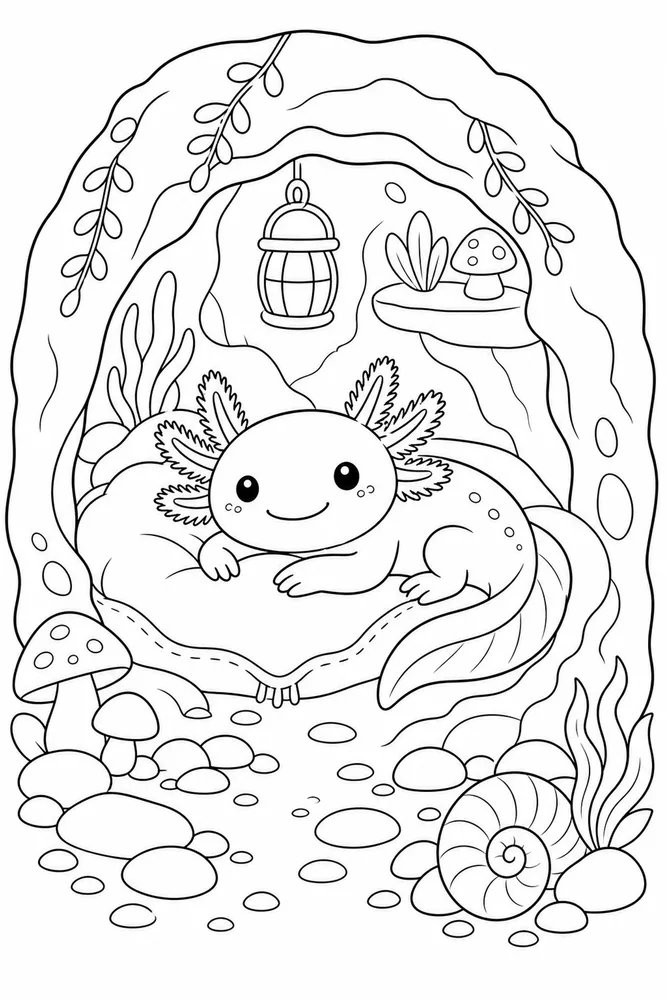 Cute Axolotl Axolotl Cozy Cave coloring page