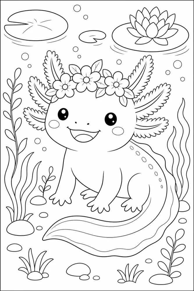 Cute Axolotl Axolotl Flower Crown coloring page