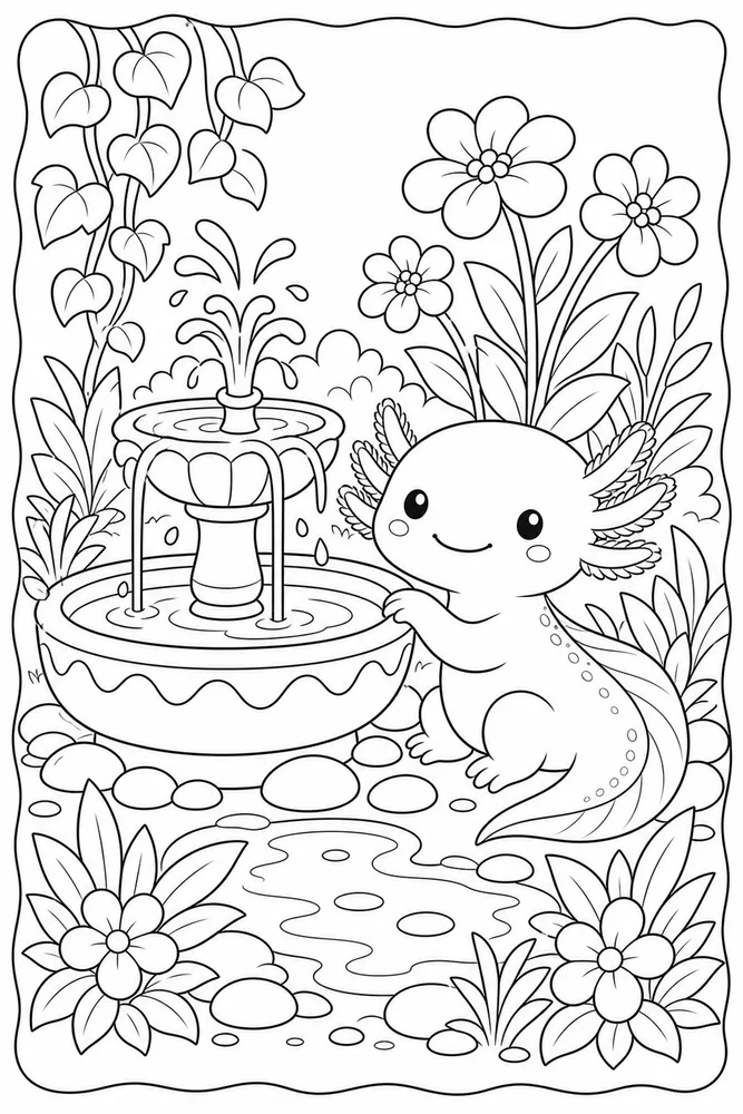 Cute Axolotl Axolotl Garden Fountain coloring page