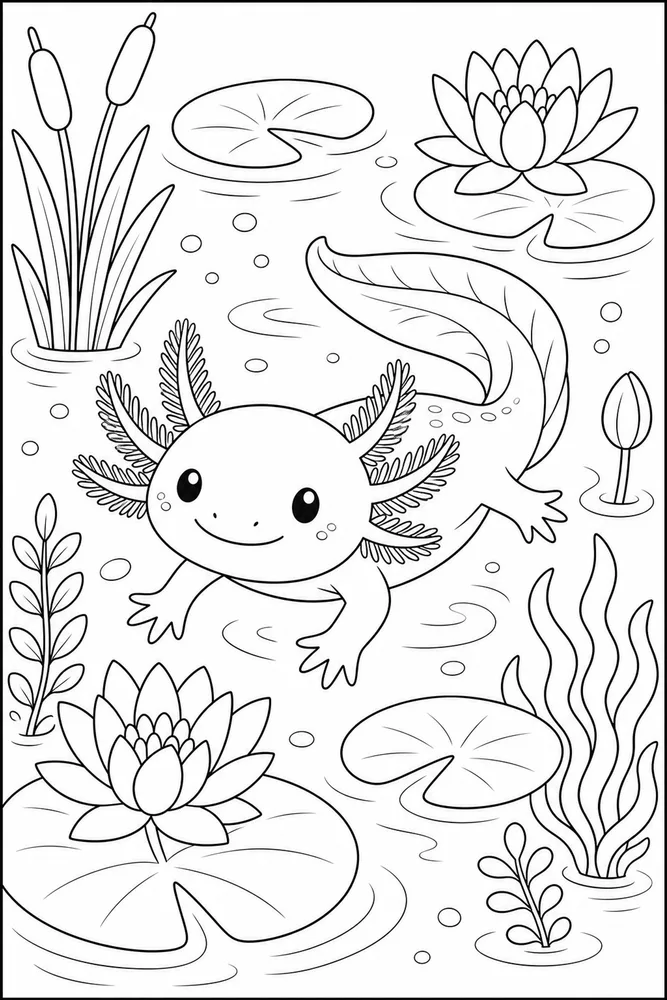Cute Axolotl Axolotl Lily Pond coloring page