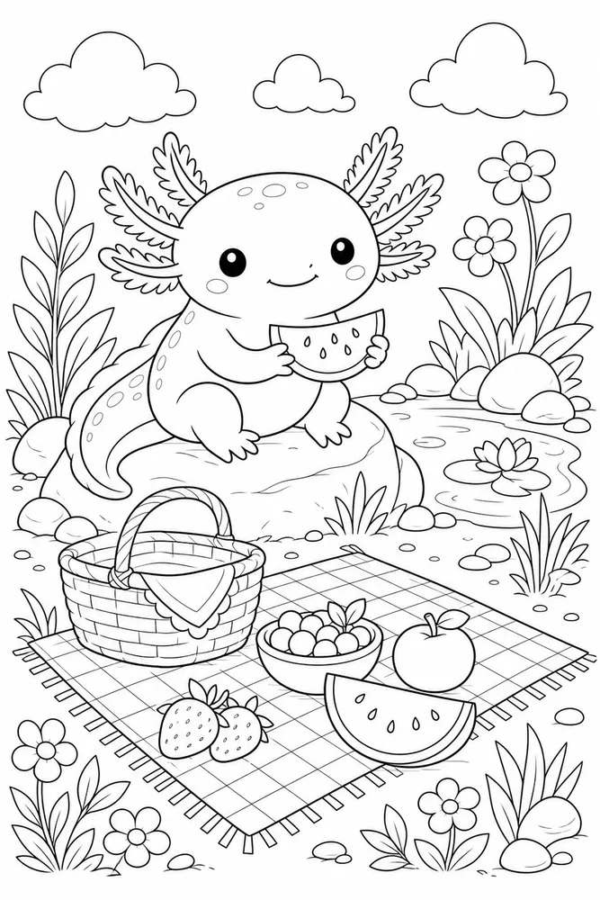 Cute Axolotl Axolotl Picnic Rock coloring page