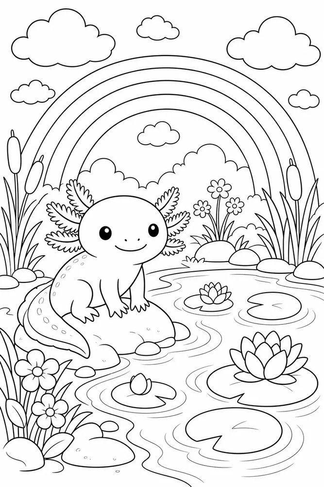 Cute Axolotl Axolotl Rainbow Pond coloring page